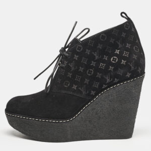 louis vuitton black monogram suede wedge ankle boots size 36