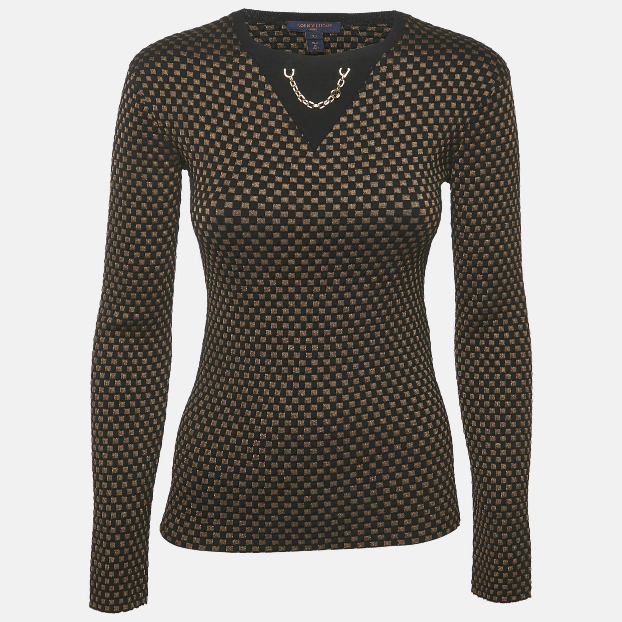 louis vuitton brown checks lurex knit crewneck pullover xs