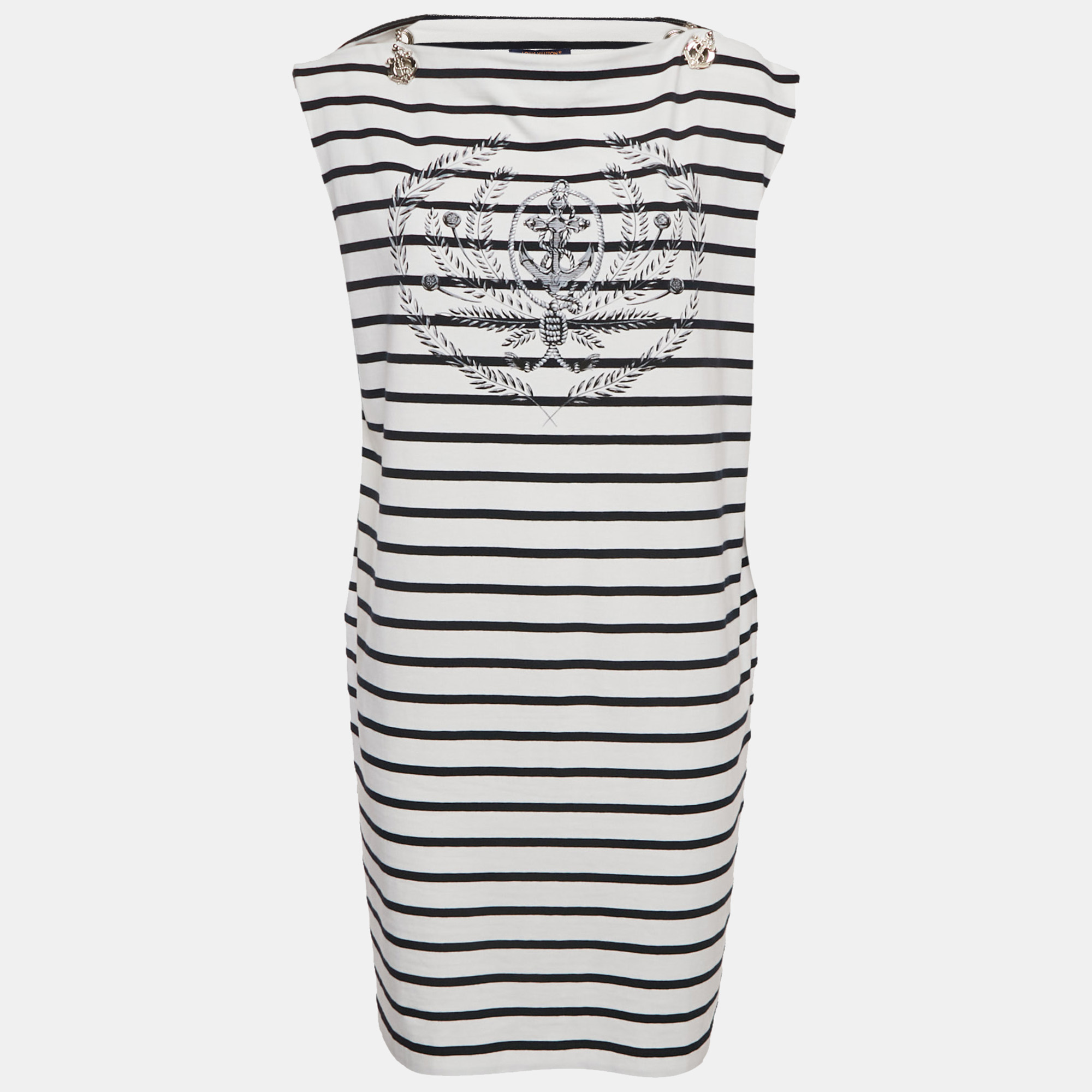 louis vuitton white & navy blue striped cotton knit chain detail dress xl