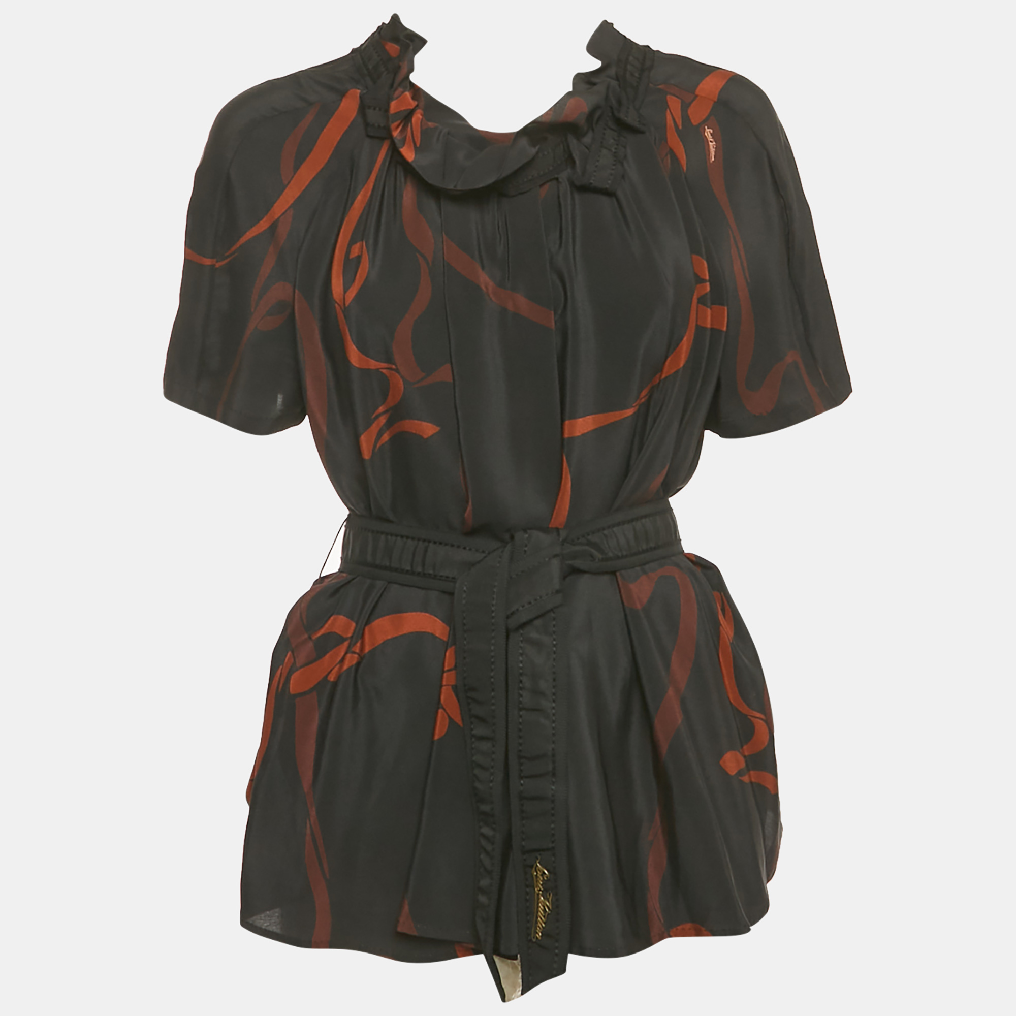 louis vuitton black printed silk tie waist short sleeve blouse s