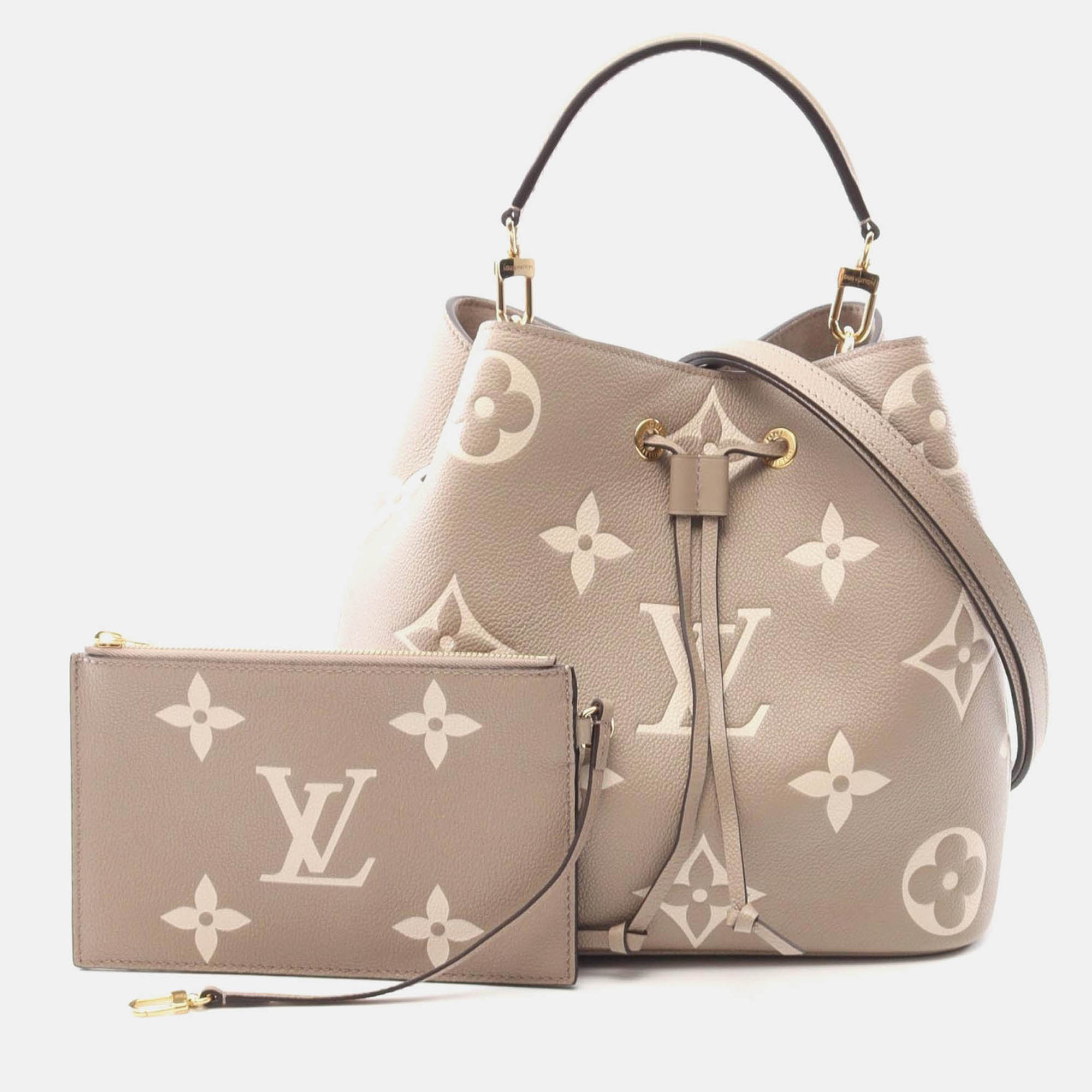 louis vuitton neonoe mm bicolor shoulder handbag  monogram leather beige