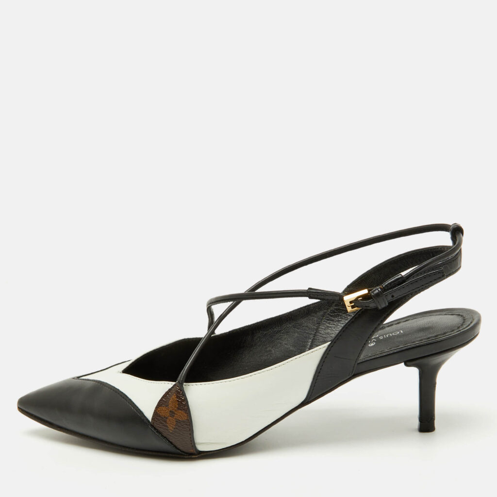 luxury-women-louis-vuitton-used-shoes-p1132293-010-2.jpg Louis Vuitton Black/White Leather Criss Cross Slingback Pumps Size 36