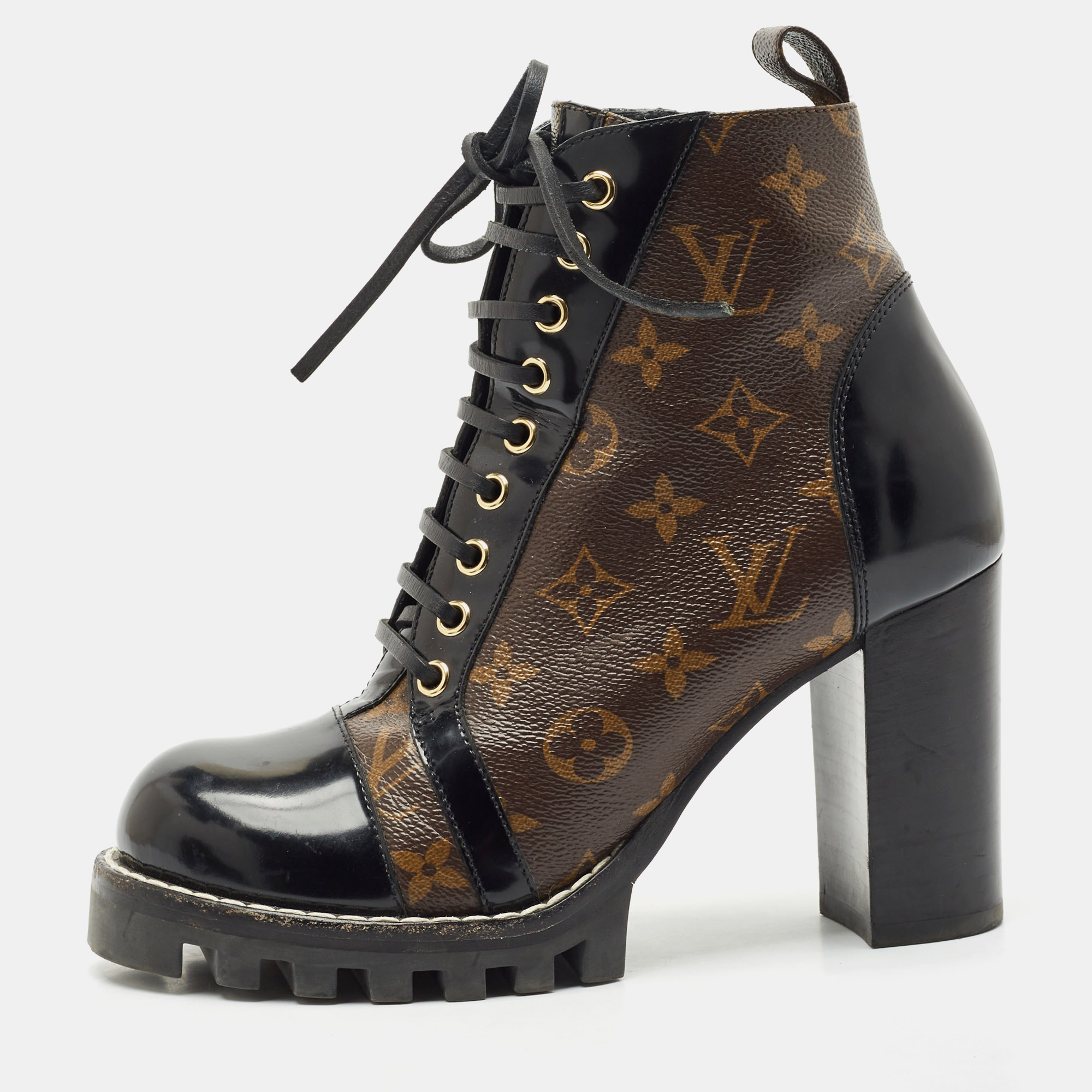 louis vuitton brown/black monogram canvas and leather star trail ankle length boots size 39