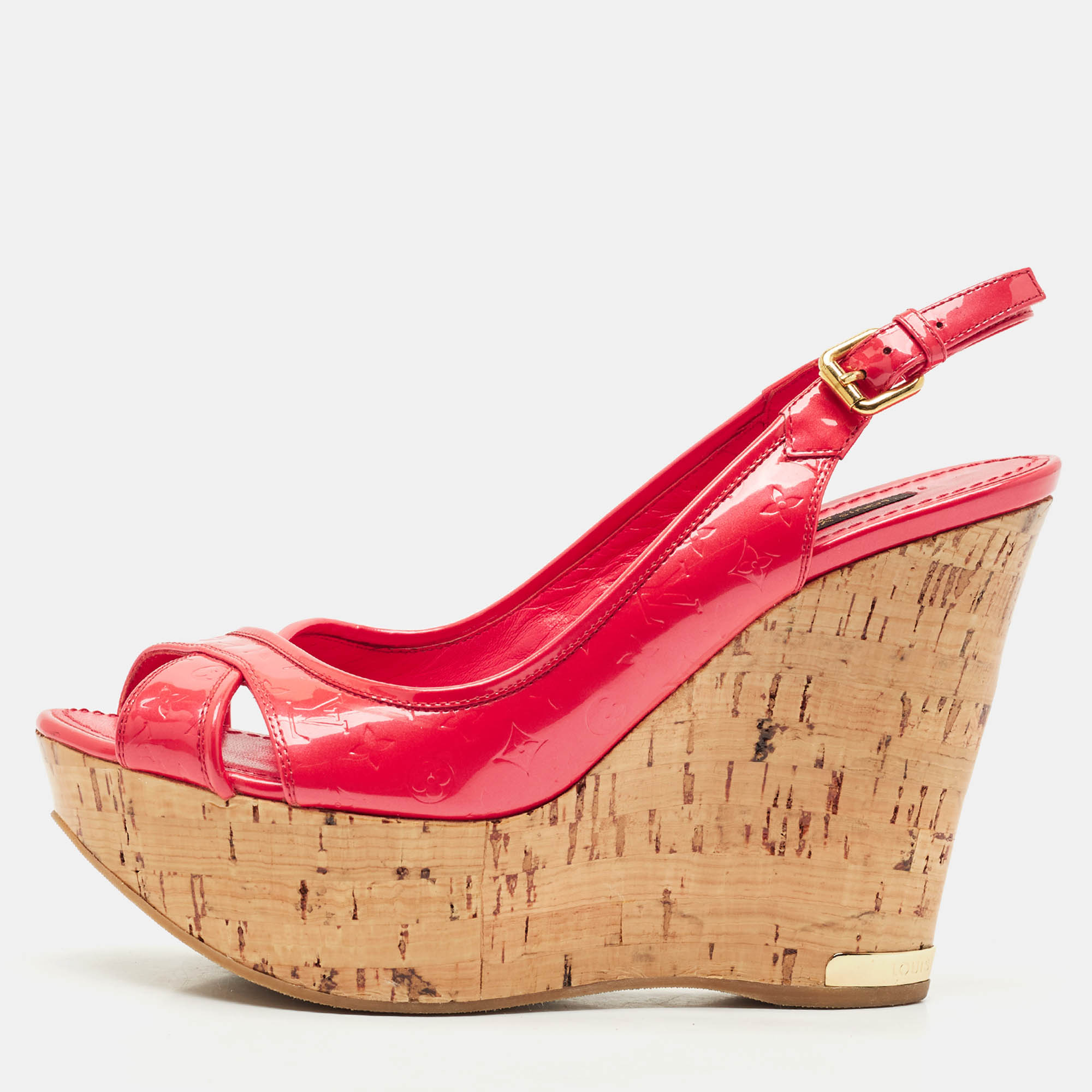 louis vuitton red monogram vernis patent wedge sandals size 37.5