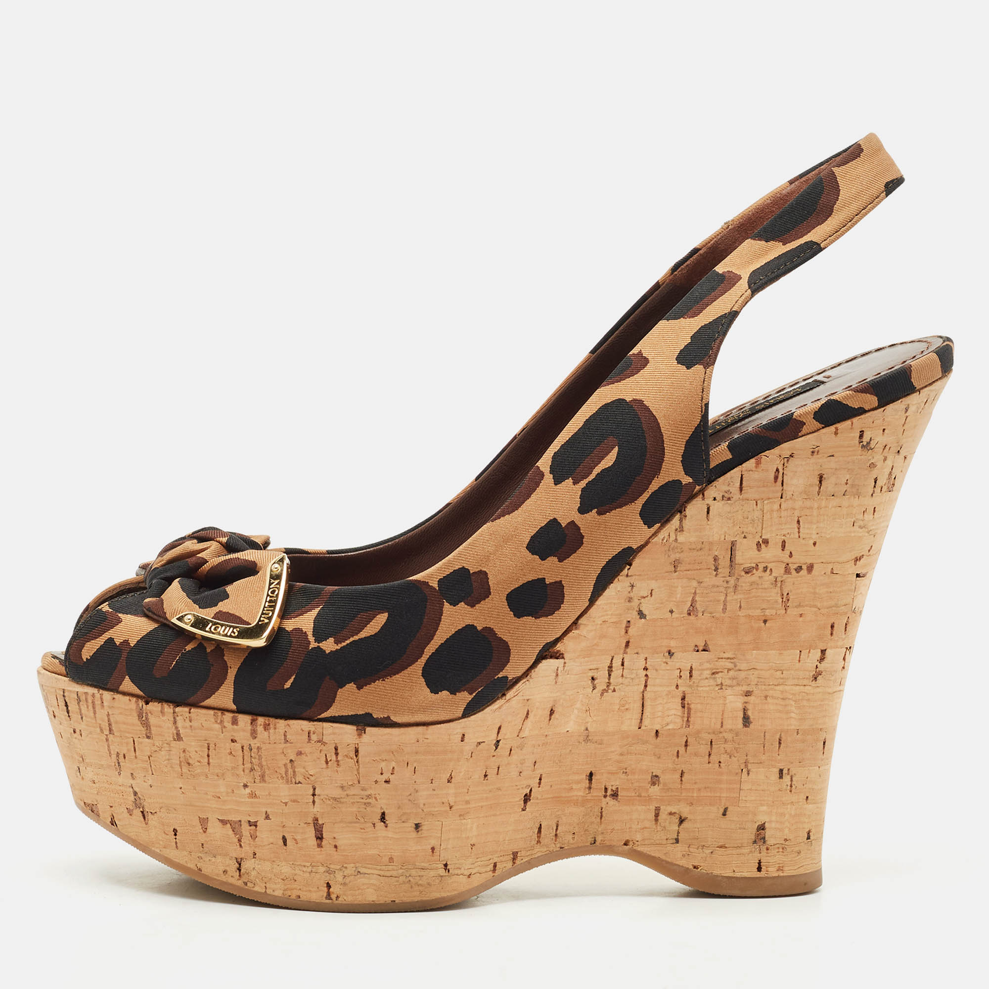 louis vuitton brown leopard print fabric bow cork wedge platform slingback pumps size 37.5