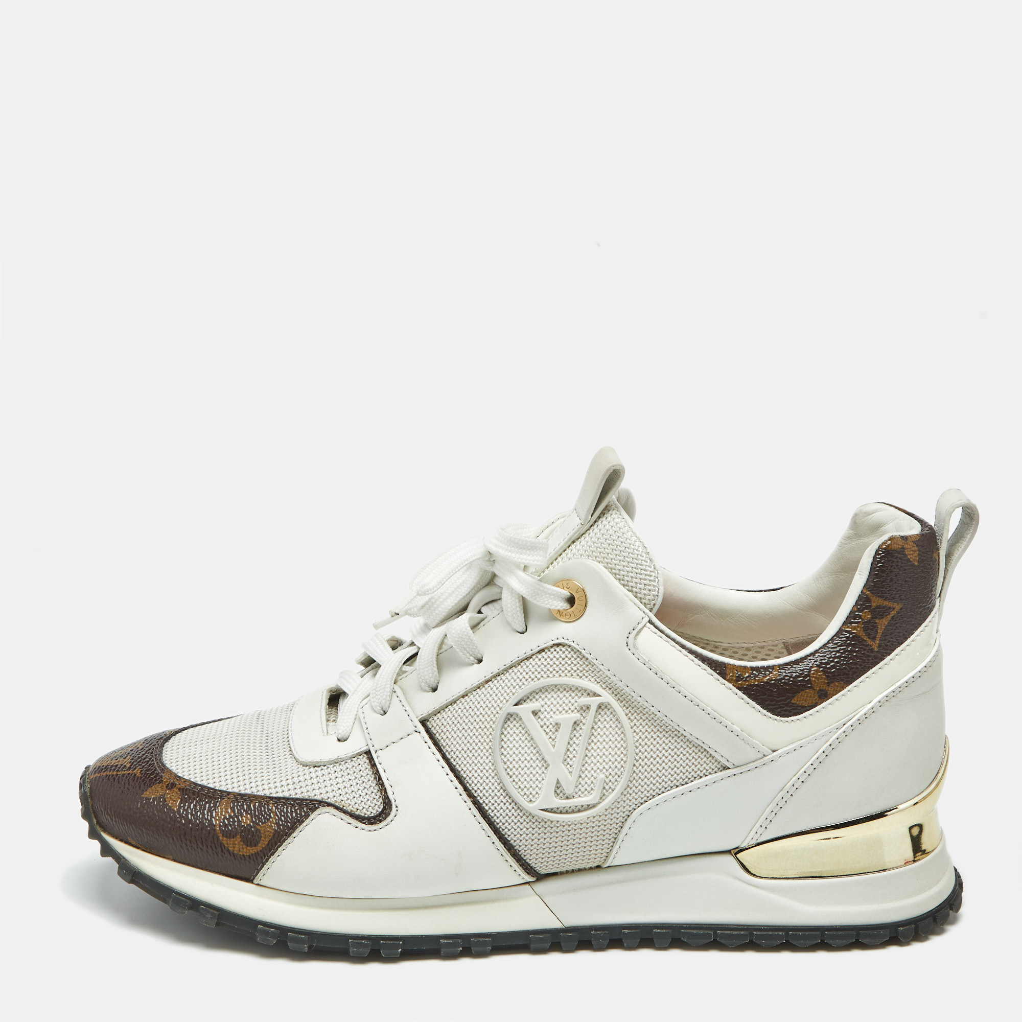 louis vuitton white leather and monogram canvas run away sneakers size 38.5