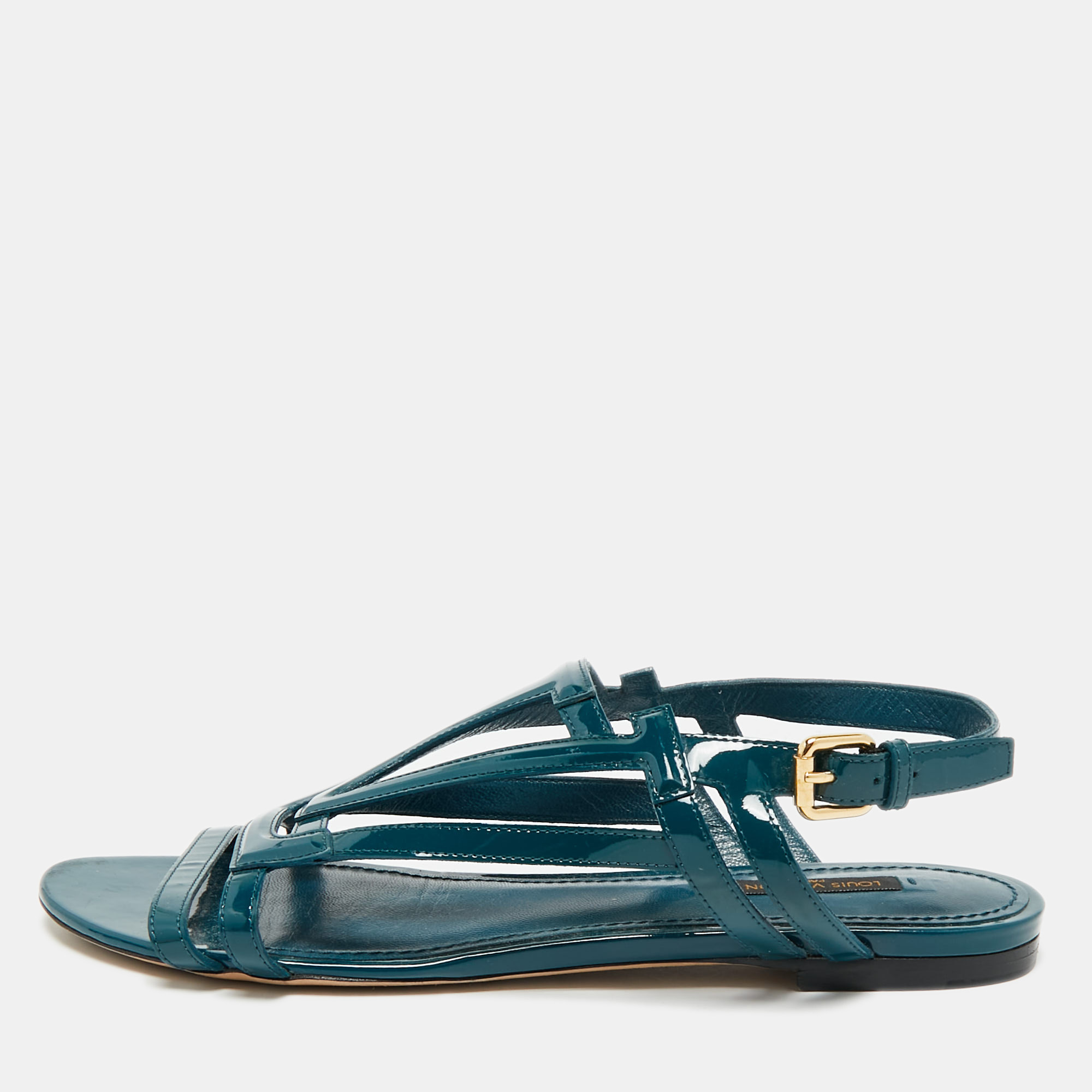 louis vuitton dark green patent leather crossing logo flat sandals size 39