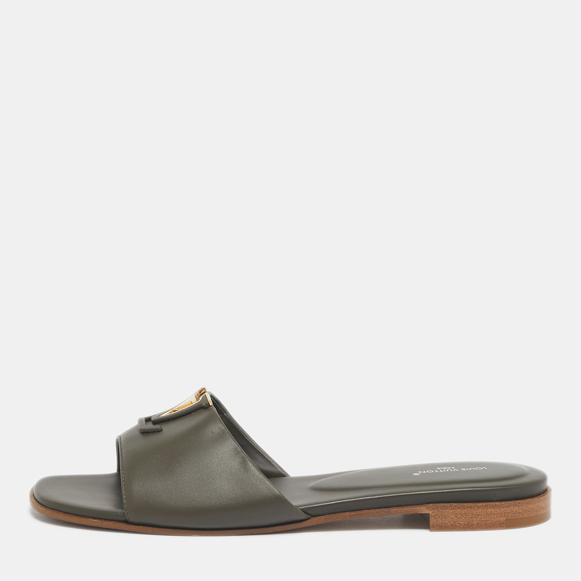 louis vuitton green leather lv mare flat slide size 37