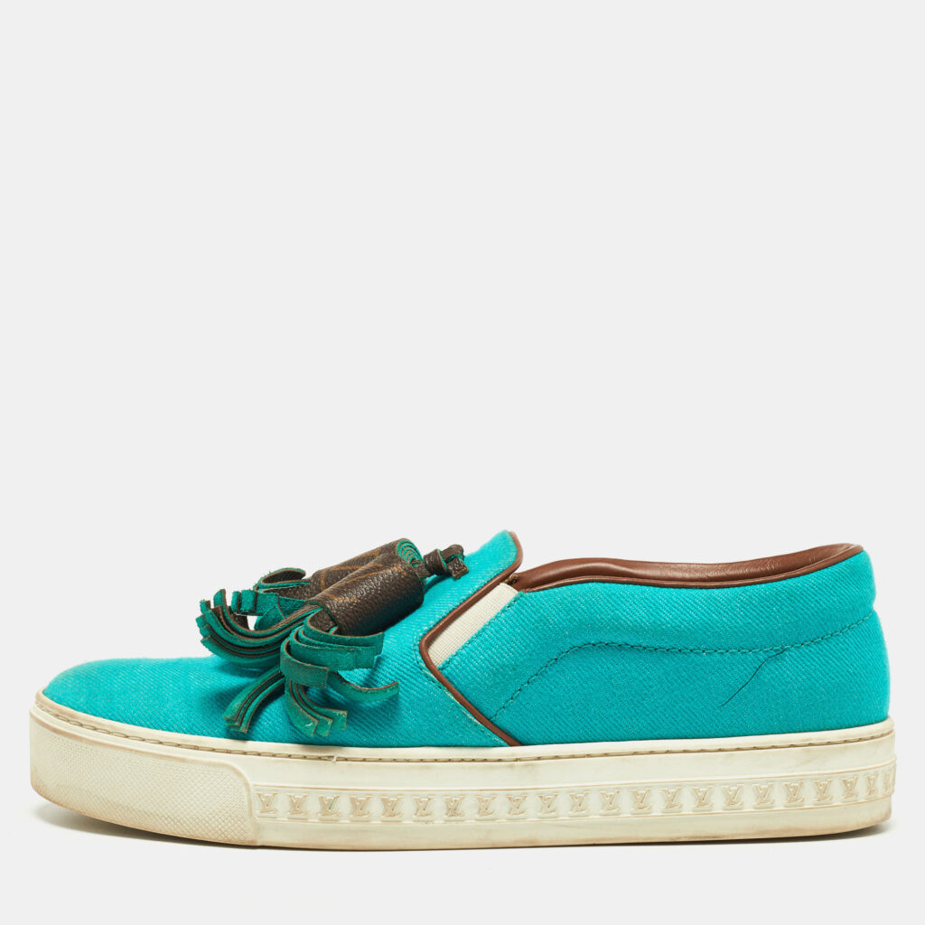 luxury-women-louis-vuitton-used-shoes-p830050-010.jpg Louis Vuitton Turquoise Fabric and Monogram Canvas Destination Slip On Sneakers Size 37