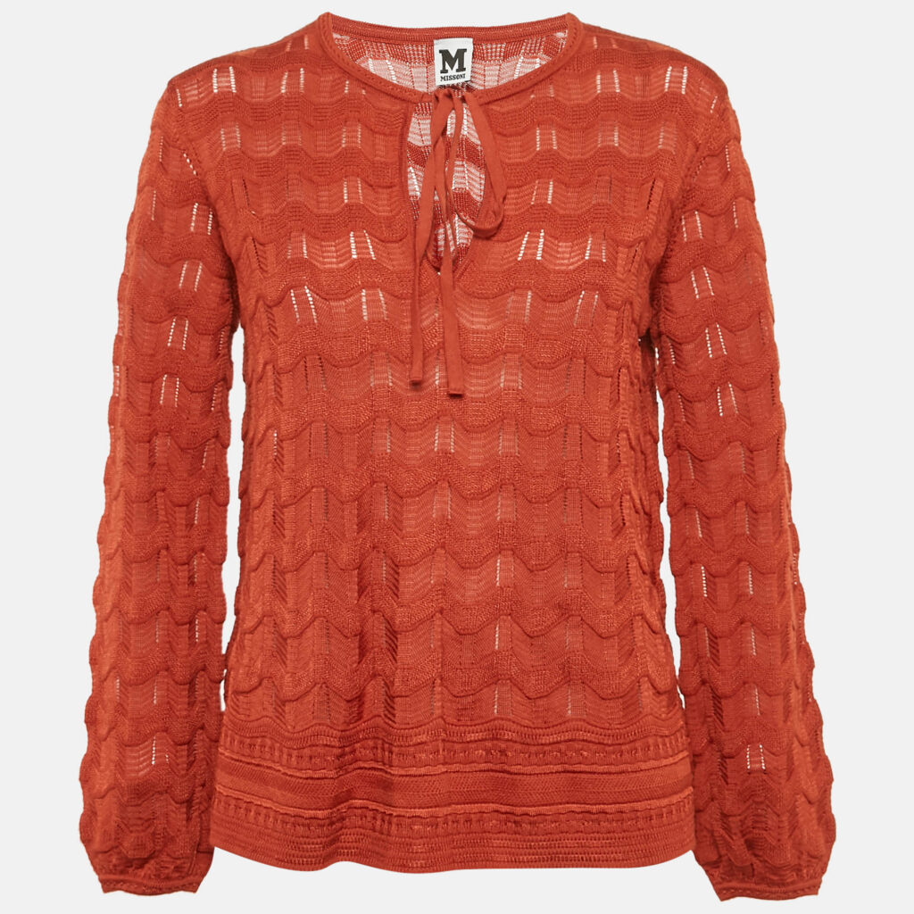M Missoni Burnt Orange Patterned Knit Long Sleeve Top S