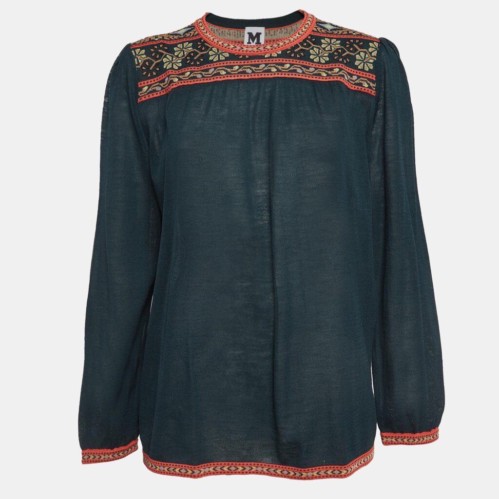 M Missoni Teal Green Floral Pattern Knit Long Sleeve Top L