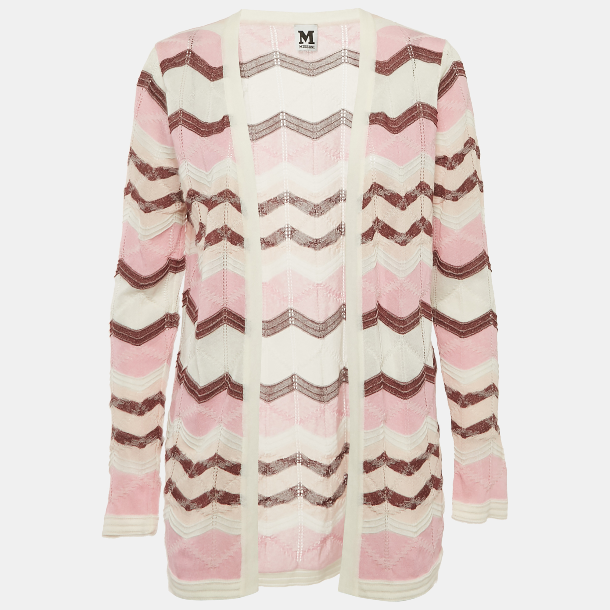 m missoni pink/multicolor chevron pattern knit open front cardigan s