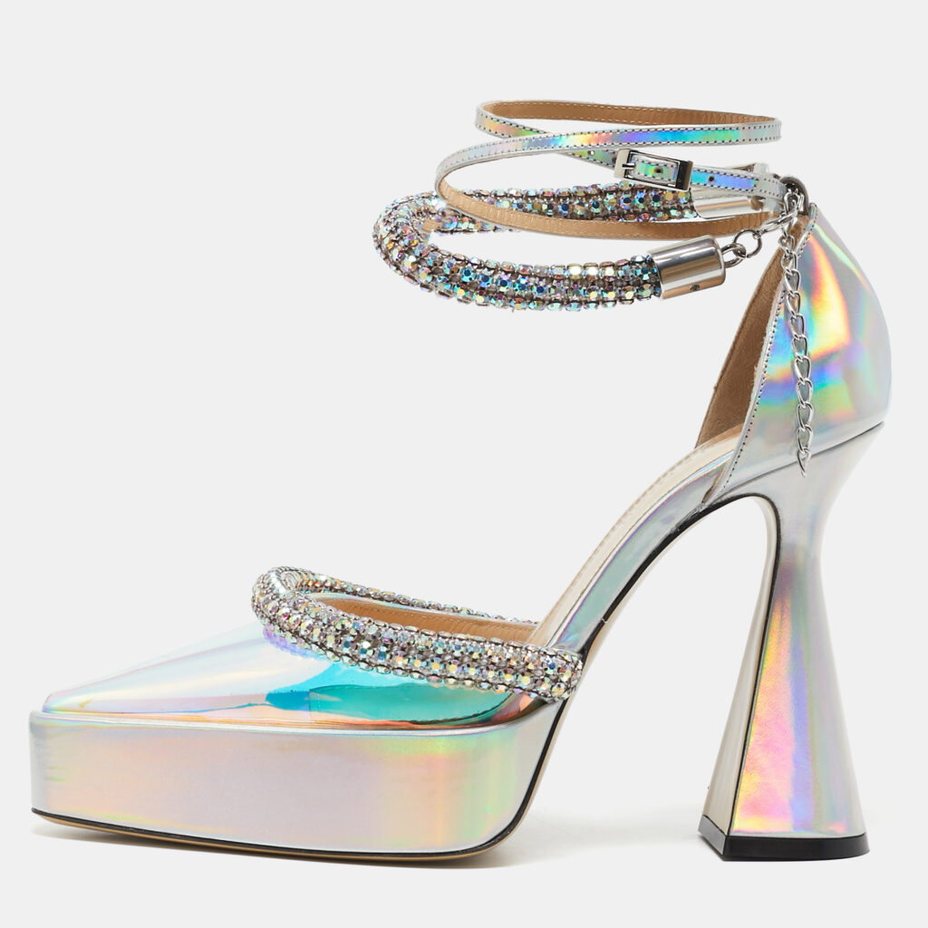luxury-women-mach-mach-new-shoes-p1131042-001.jpg Mach & Mach Silver Iridescent PVC Crystal Embellished Kimberly Platform Pumps Size 38