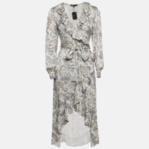 maje grey/multicolor paisley print crepe midi wrap argent dress l