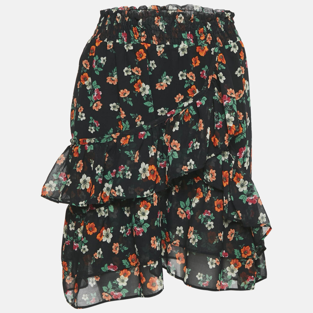 luxury-women-maje-new-clothes-p1142788-001.jpg Maje Black Floral Print Ruffled Jupe Imprime Mini Skirt L