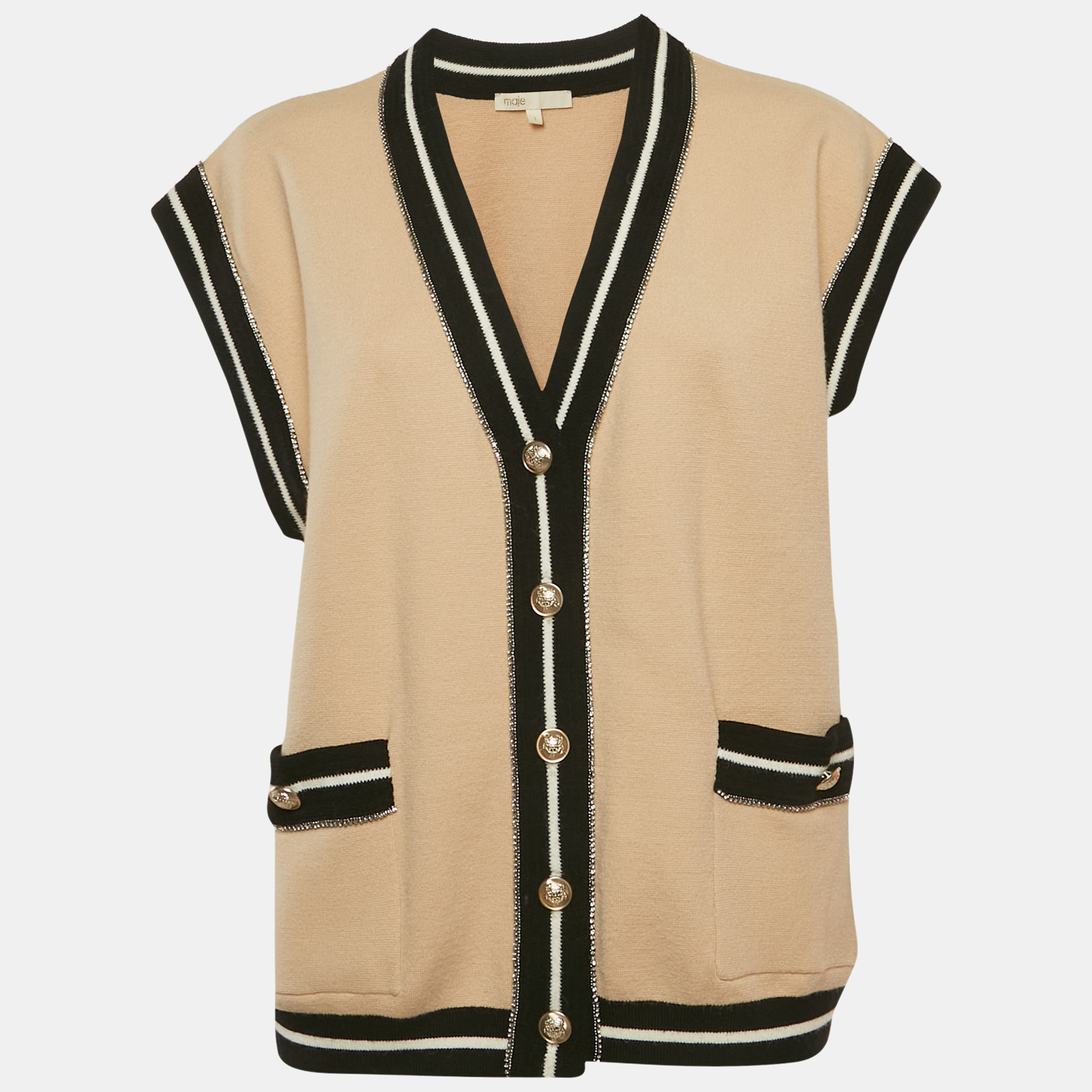 maje beige knit contrast embellished detail sleeveless oversized cardigan s