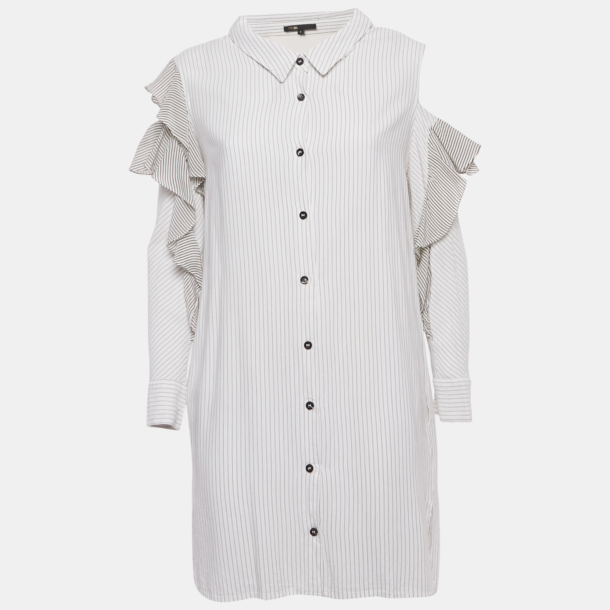 maje white & black striped crepe cold shoulder mini dress l