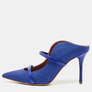 malone souliers navy blue woven raffia and leather maureen mules size 38