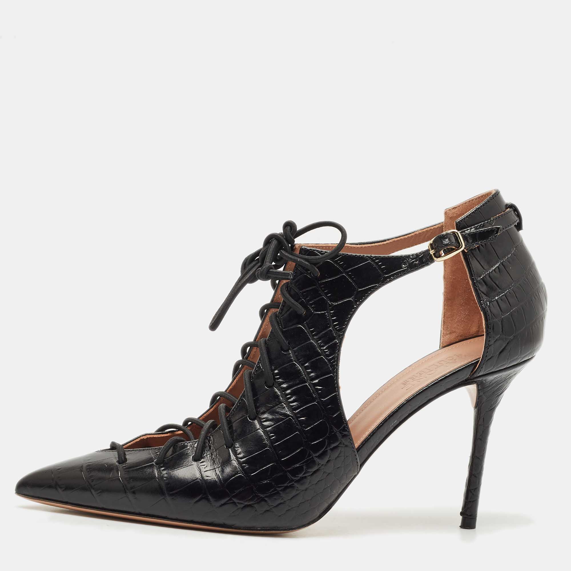 malone souliers black croc embossed leather montana lace up pumps size 41