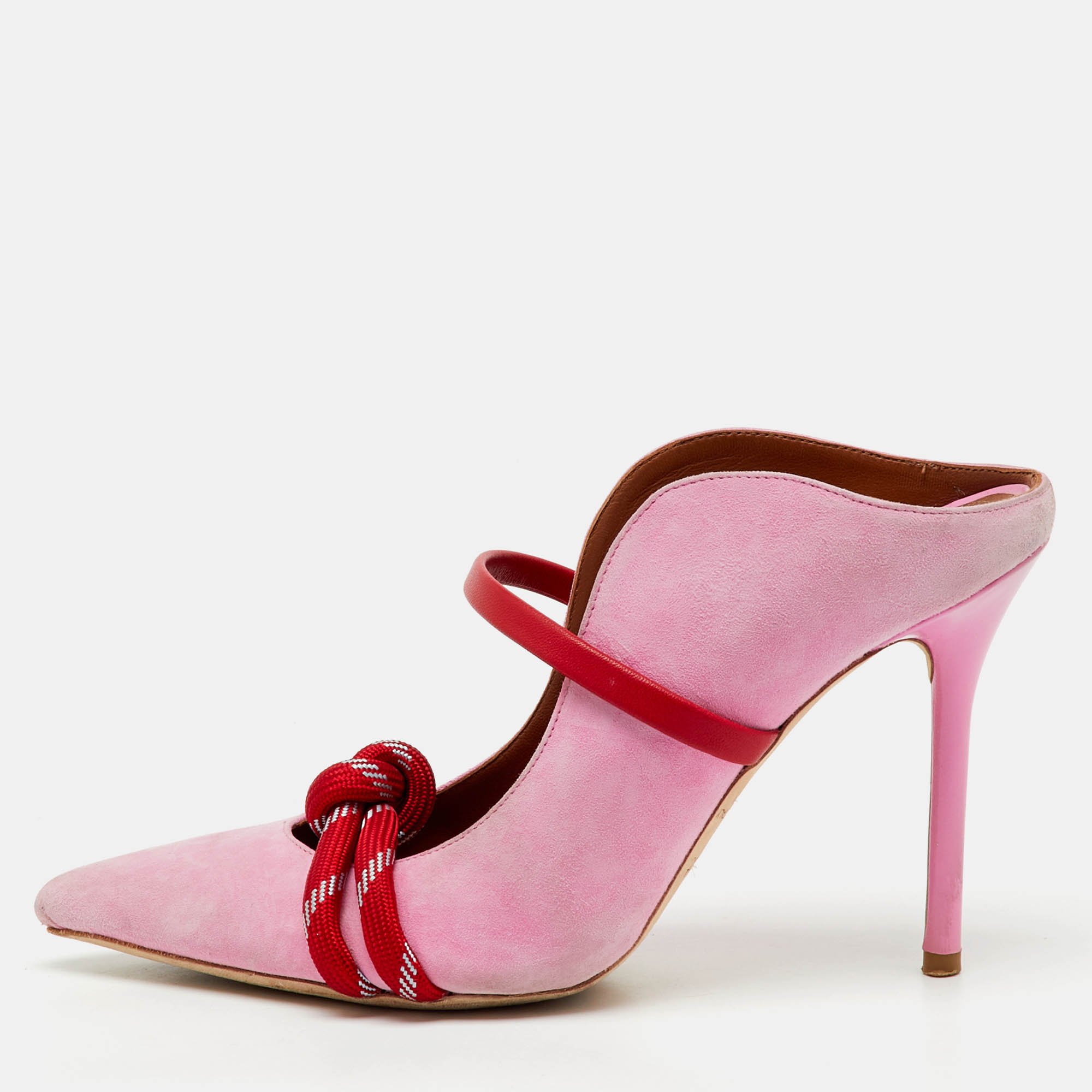 malone souliers by roy luwolt pink/red suede and leather knotted rope mules size 36