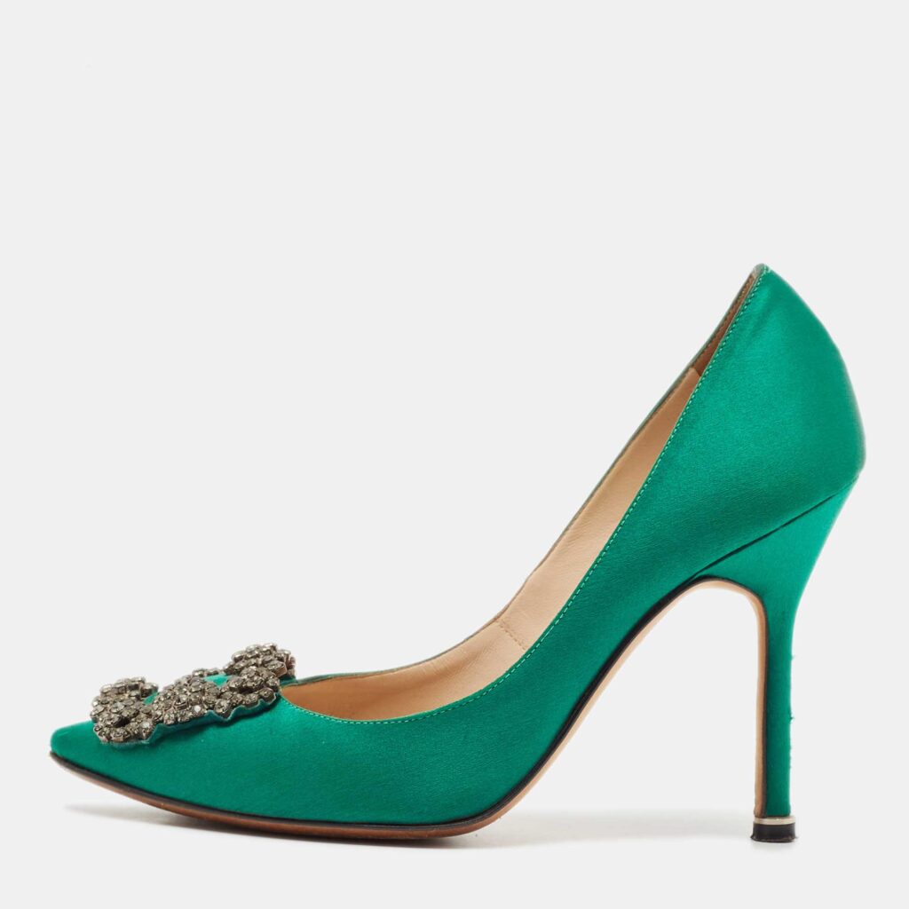 Manolo Blahnik Green Satin Hangisi Crystal Embellished Pumps Size 34.5