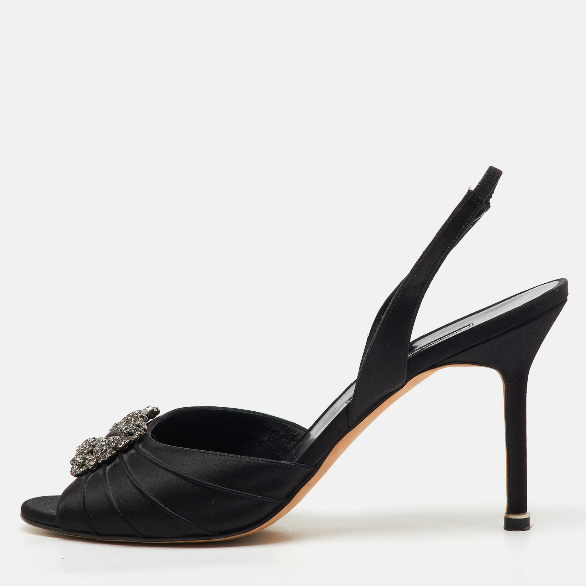 manolo blahnik black satin cassia peep toe slingback sandals size 40.5