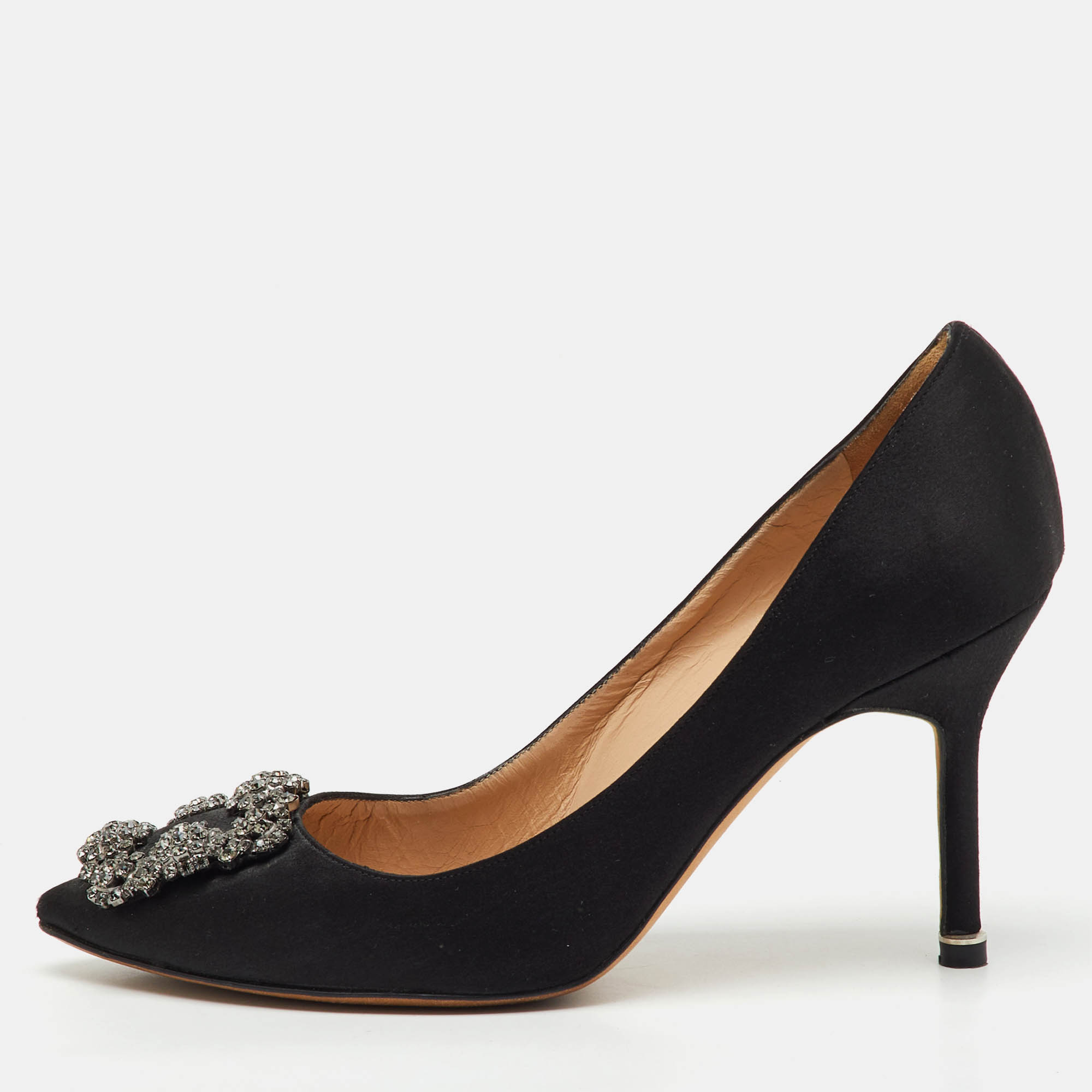 manolo blahnik black satin hangisi crystal embellished pumps size 36.5