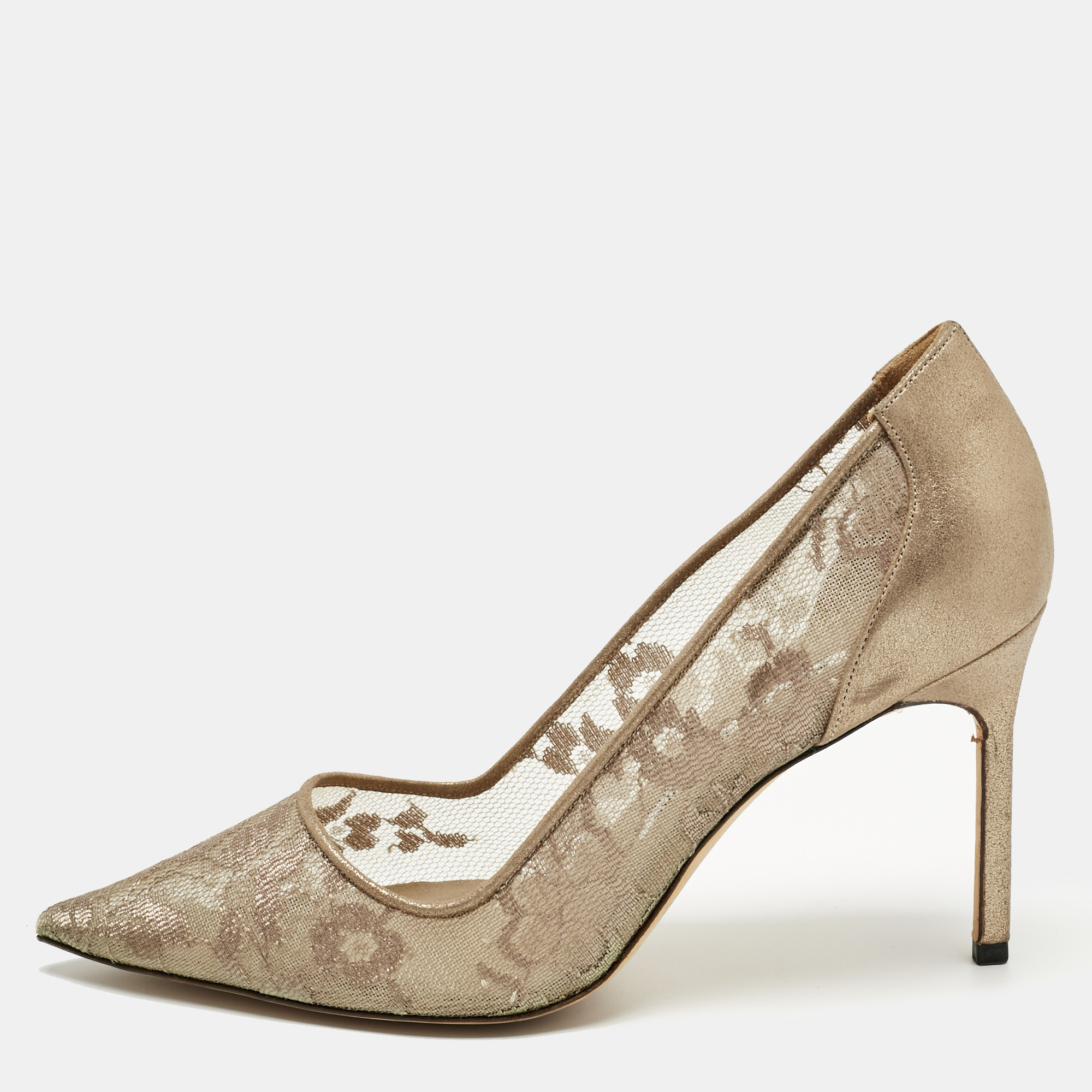 manolo blahnik grey/gold mesh and leather salola pumps size 37
