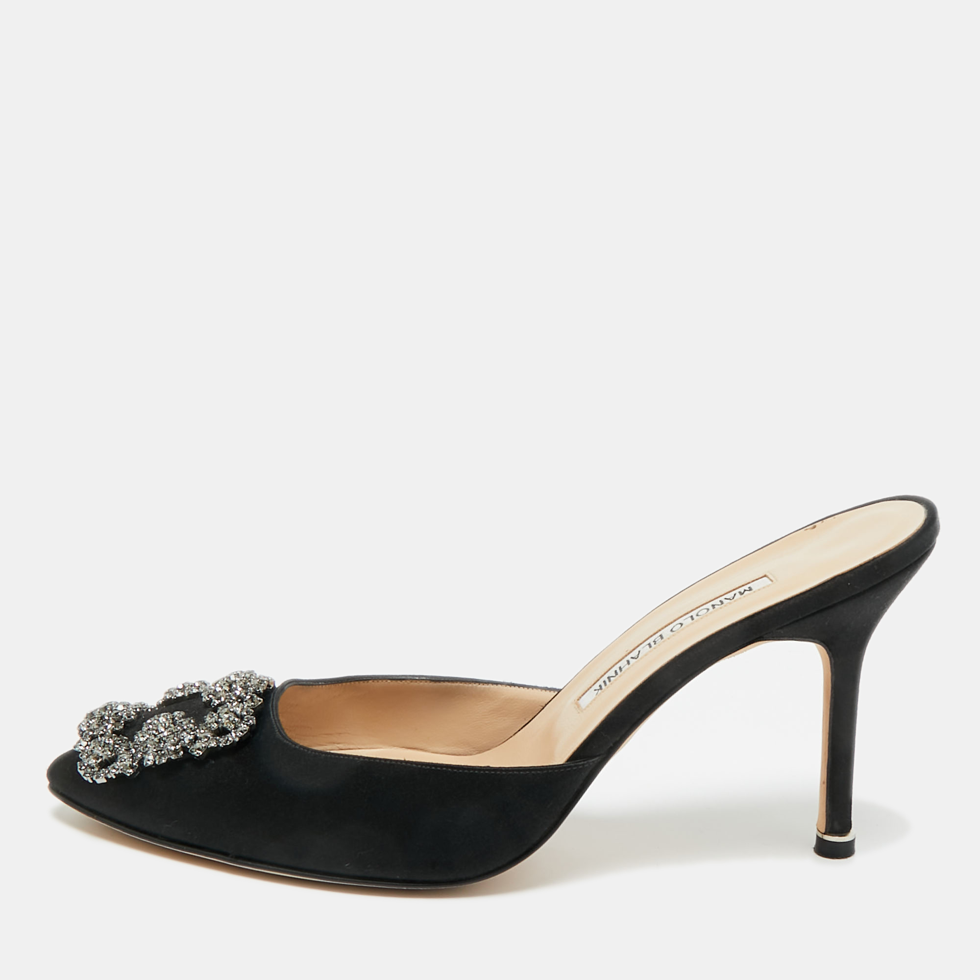 manolo blahnik black satin hangisi mules sandals size 38