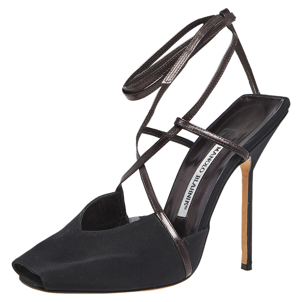 luxury-women-manolo-blahnik-used-shoes-p596929-009.jpg Manolo Blahnik Black/Plum Satin and Leather Square Peep-Toe Ankle-Tie Sandals Size 38.5