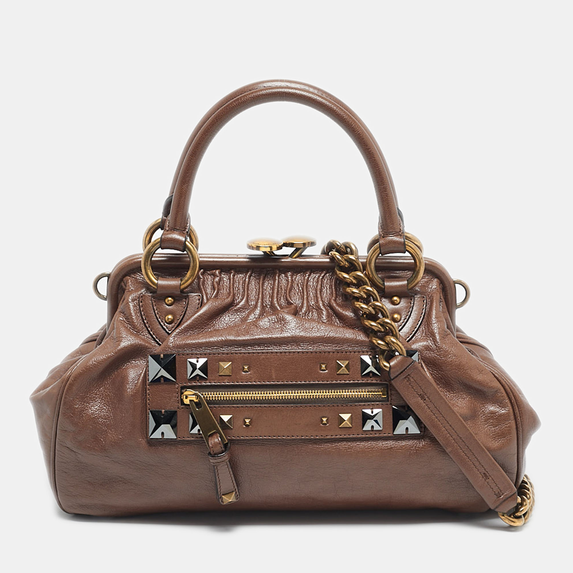 marc jacobs brown leather studs embellished stam satchel