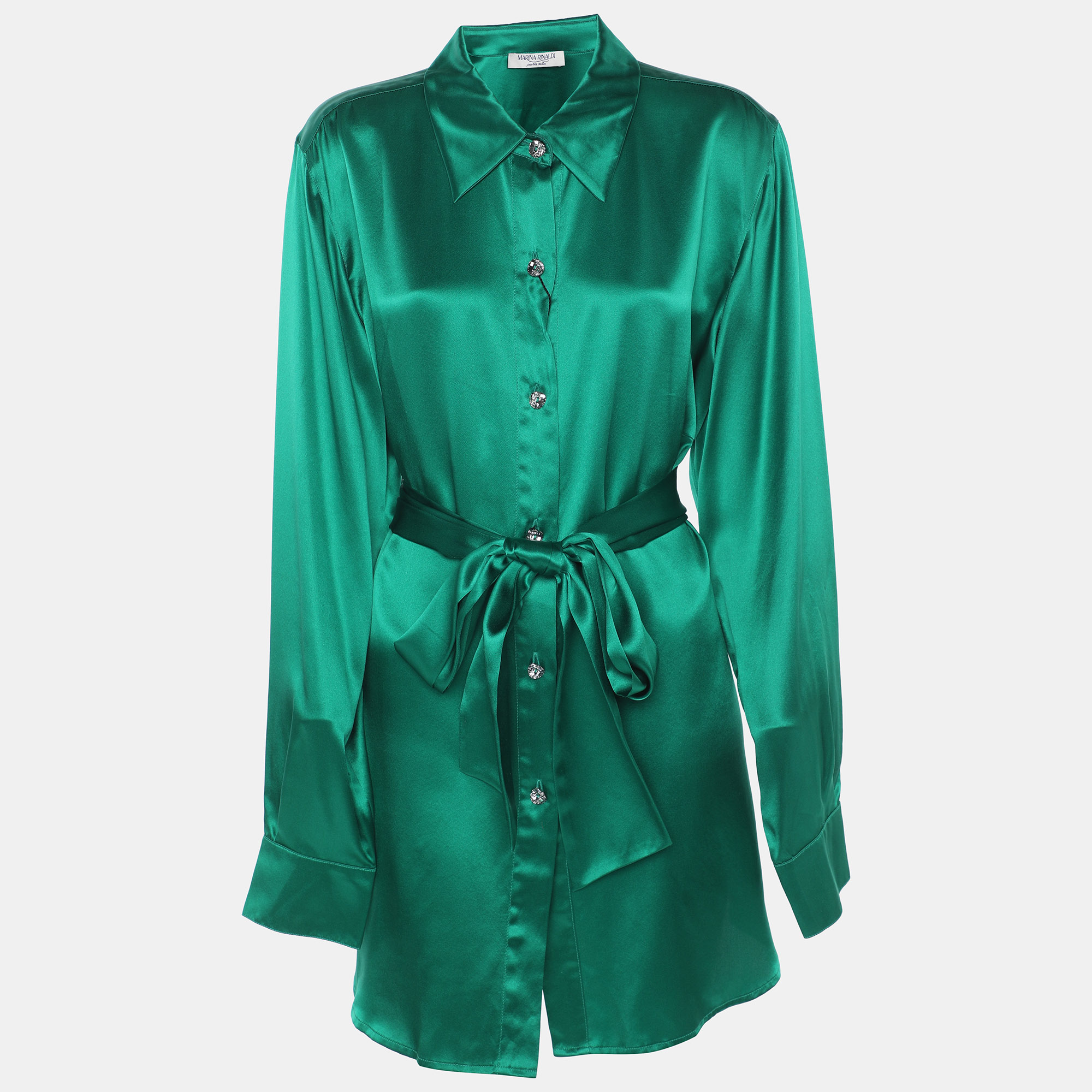 marina rinaldi green satin scarf neck long sleeve shirt l