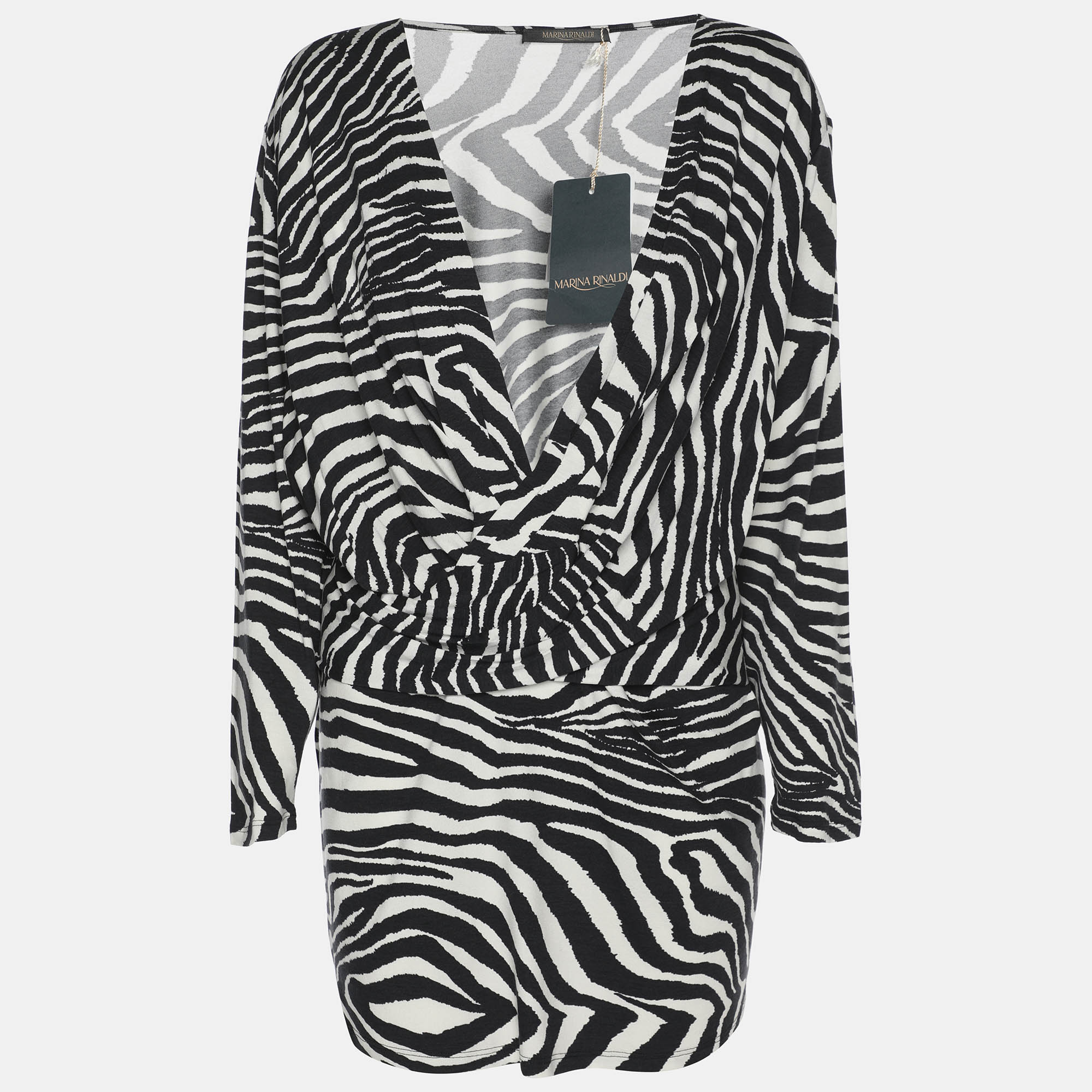 marina rinaldi black/white zebra print jersey v neck tops l