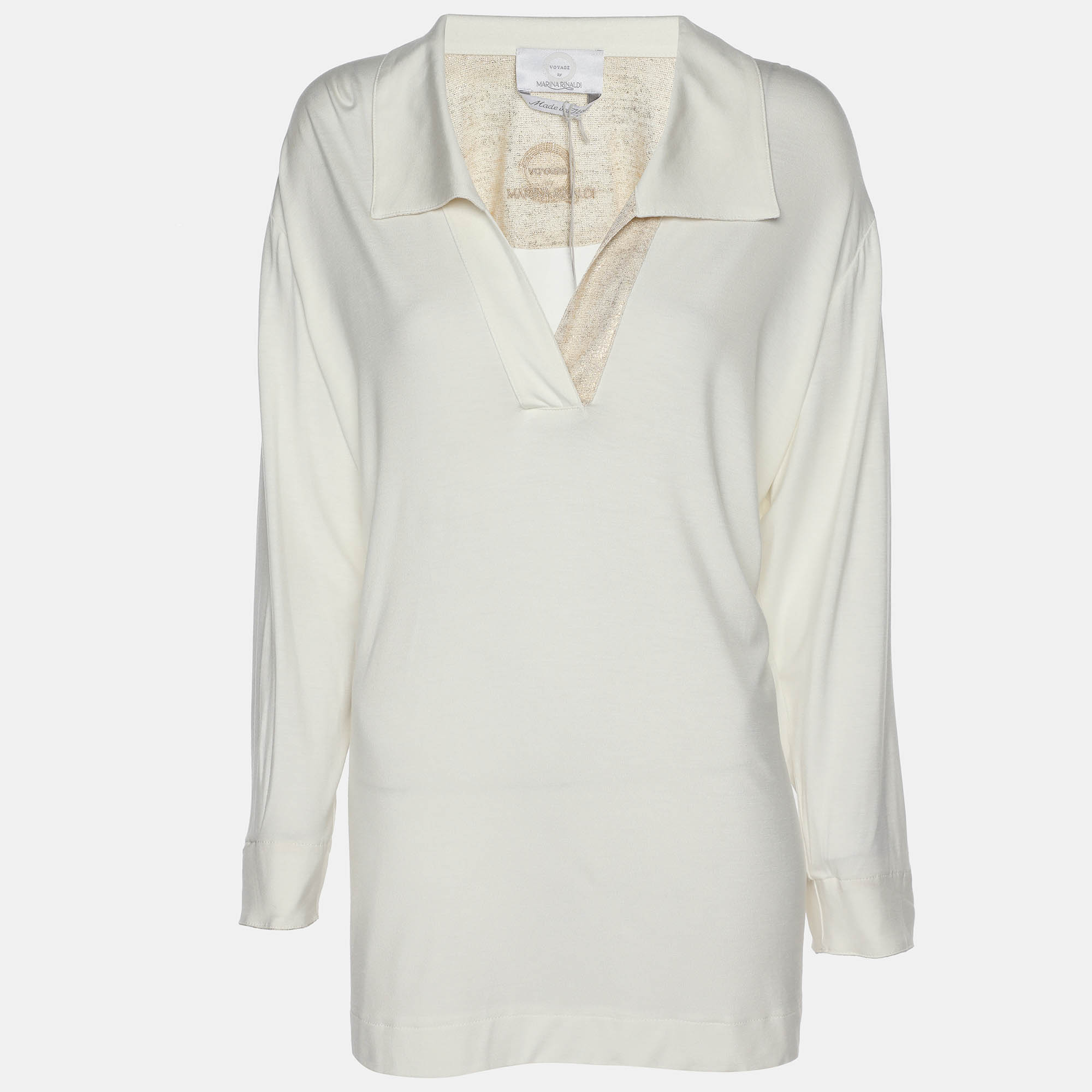 voyage by marina rinaldi cream stretch knit v neck tops l