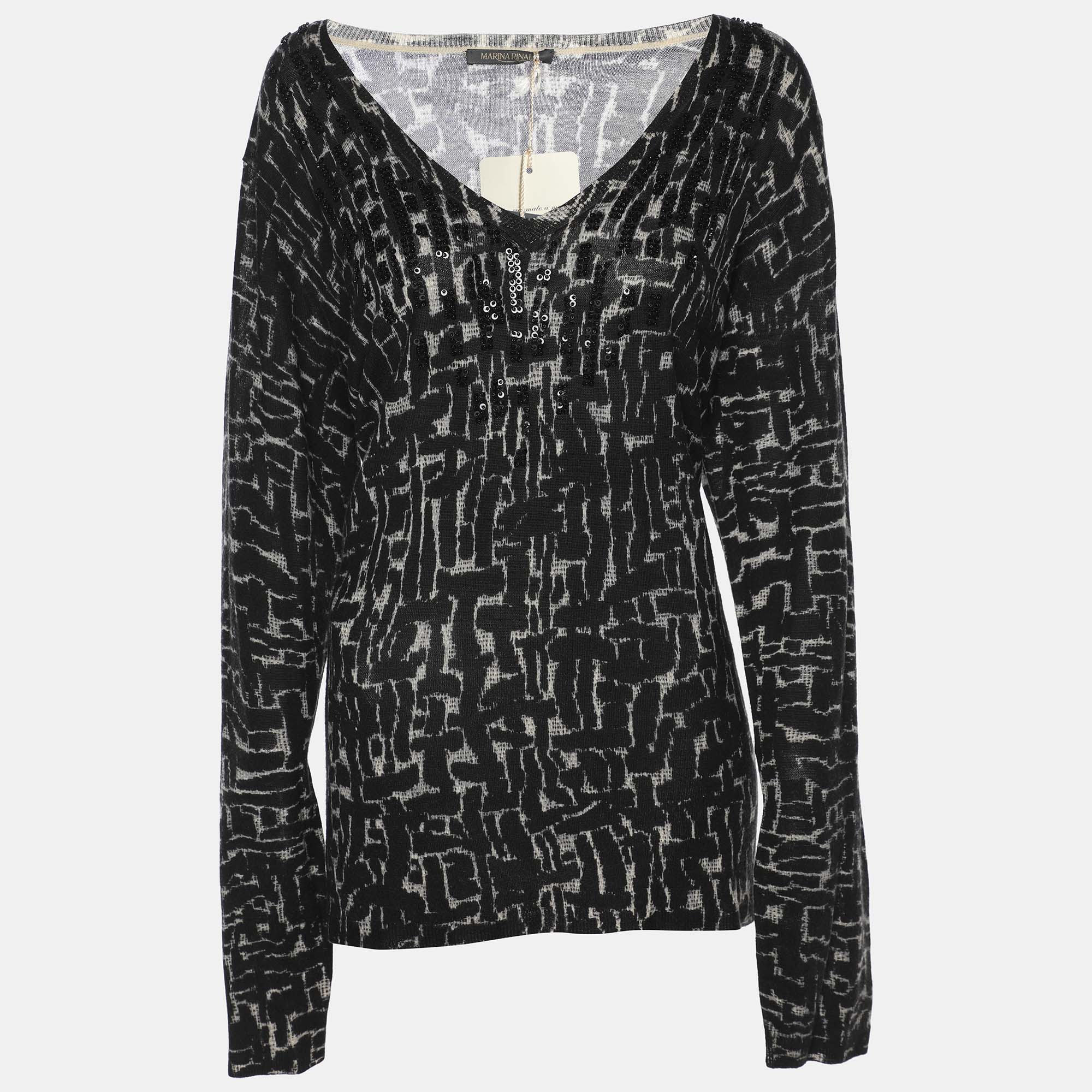 marina rinaldi black/off white stretch knit scoop neck sweater l