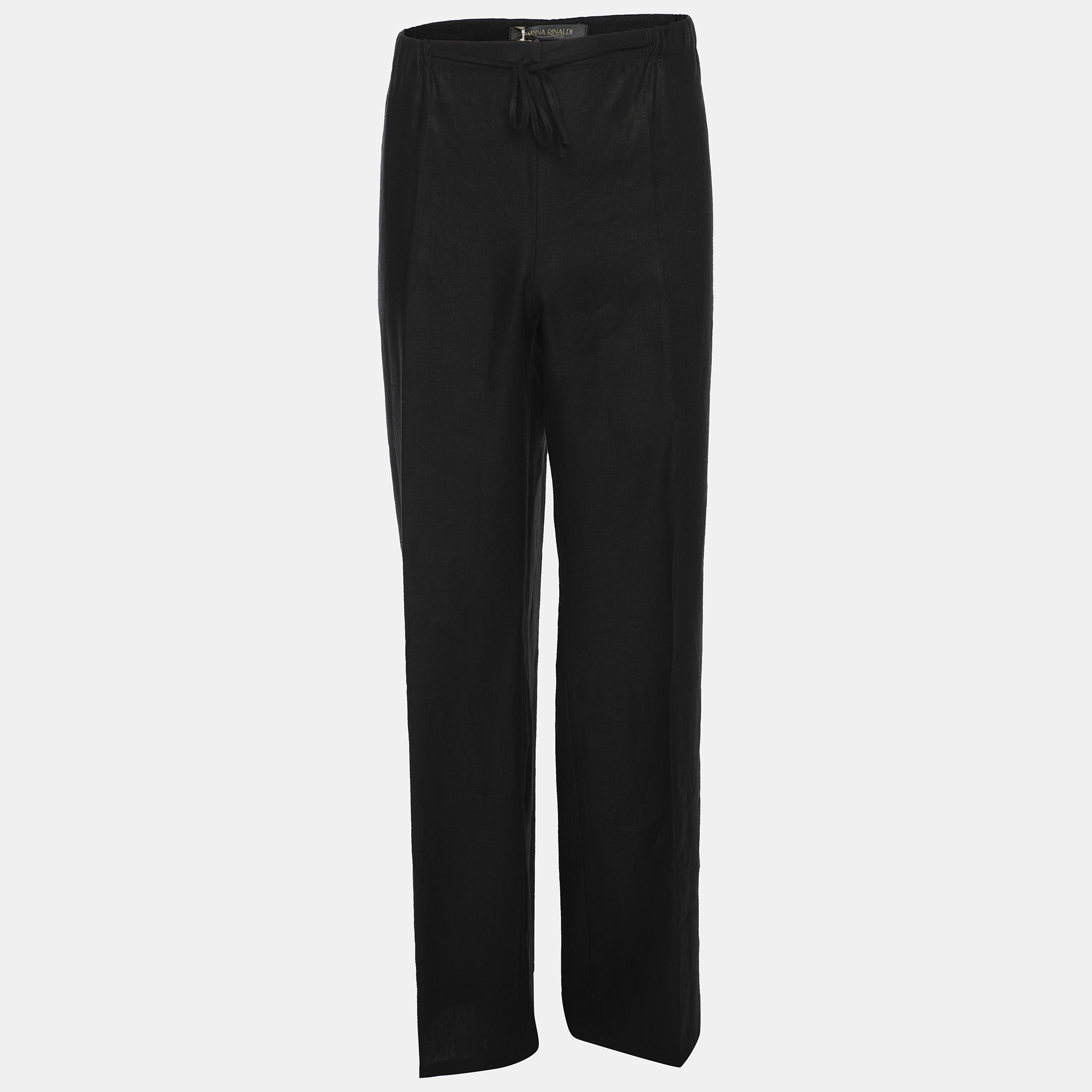 marina rinaldi black linen drawstring trousers l