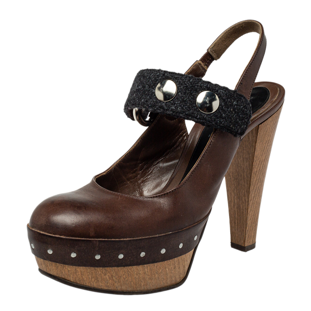 luxury-women-marni-used-shoes-p461266-006.jpg Marni Brown/Black Fabric And Leather Mary Jane Buckle Strap Pumps Size 40