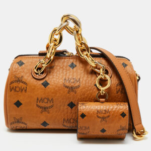 mcm cognac visetos coated canvas mini essential boston bag