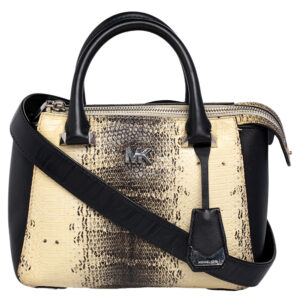 michael kors beige/black python embossed and leather satchel