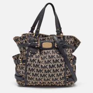 michael michael kors black/beige signature canvas and leather gansevoort tote