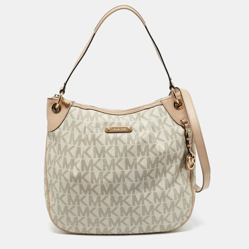 luxury-women-michael-michael-kors-used-handbags-p1130179-011.jpg MICHAEL Michael Kors Beige/White Signature Coated Canvas Bedford Large Shoulder Bag