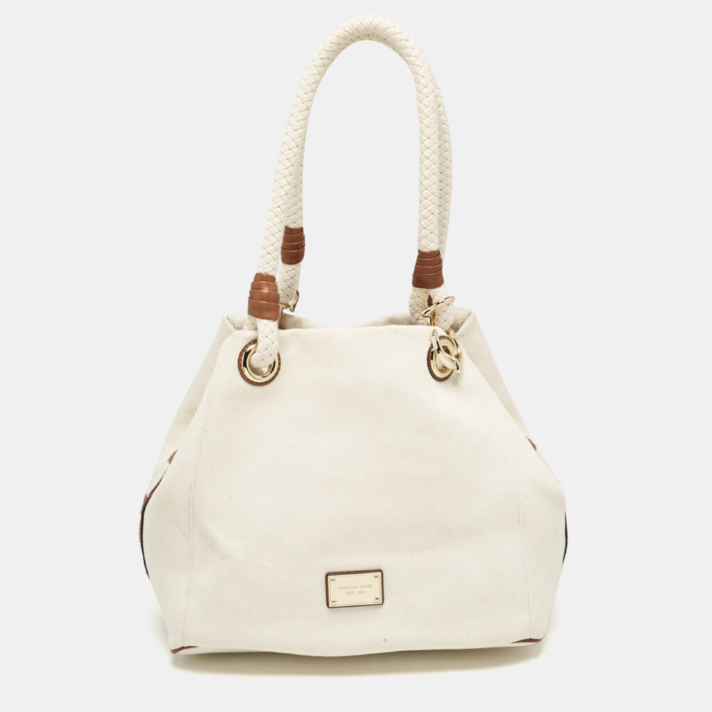 luxury-women-michael-michael-kors-used-handbags-p1144966-001.jpg MICHAEL Michael Kors White/Brown Canvas Marina Grab Tote
