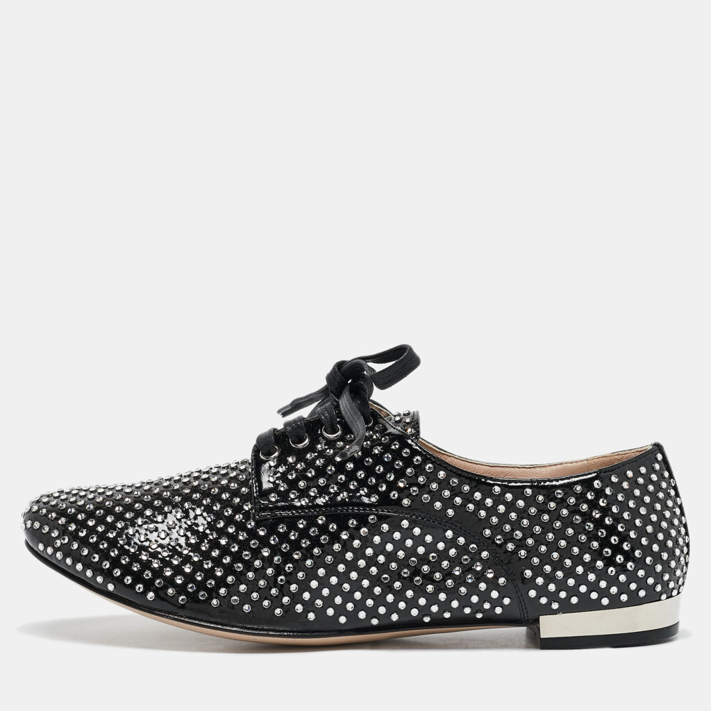 luxury-women-miu-miu-new-shoes-p1093488-001.jpg Miu Miu Black Patent Leather Crystal Embellished Lace Up Derby Size 36