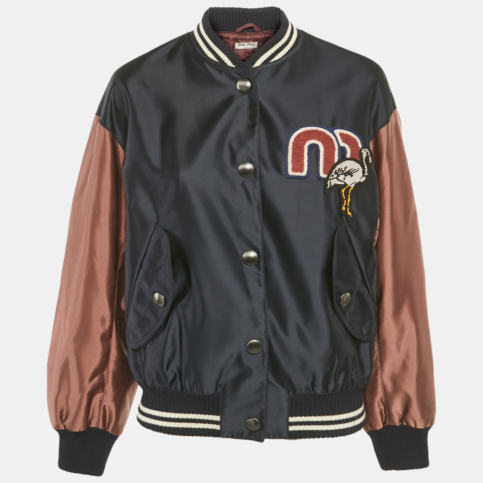 miu miu navy blue nylon applique detail button front varsity jacket s