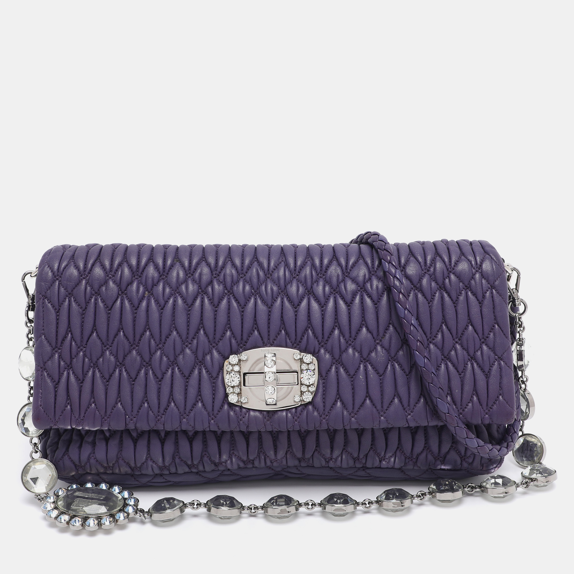 miu miu purple matelasse leather crystal embellished shoulder bag