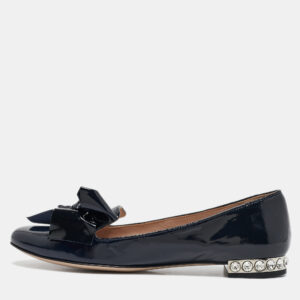 miu miu navy blue patent leather bow crystals embellished smoking slippers size 36