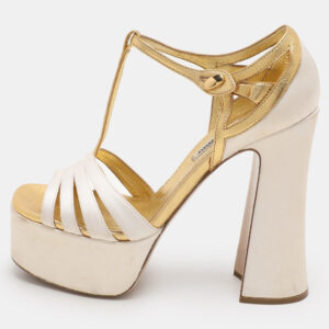 miu miu white/gold leather and satin platform sandals size 36