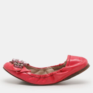 miu miu pink patent leather crystal embellished scrunch ballet flats size 35.5