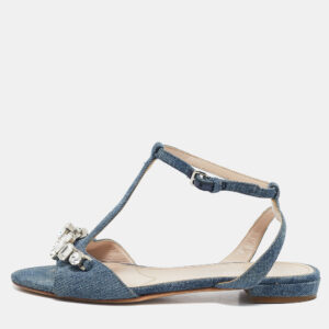 miu miu blue denim crystal embellished ankle strap flat sandals size 35.5