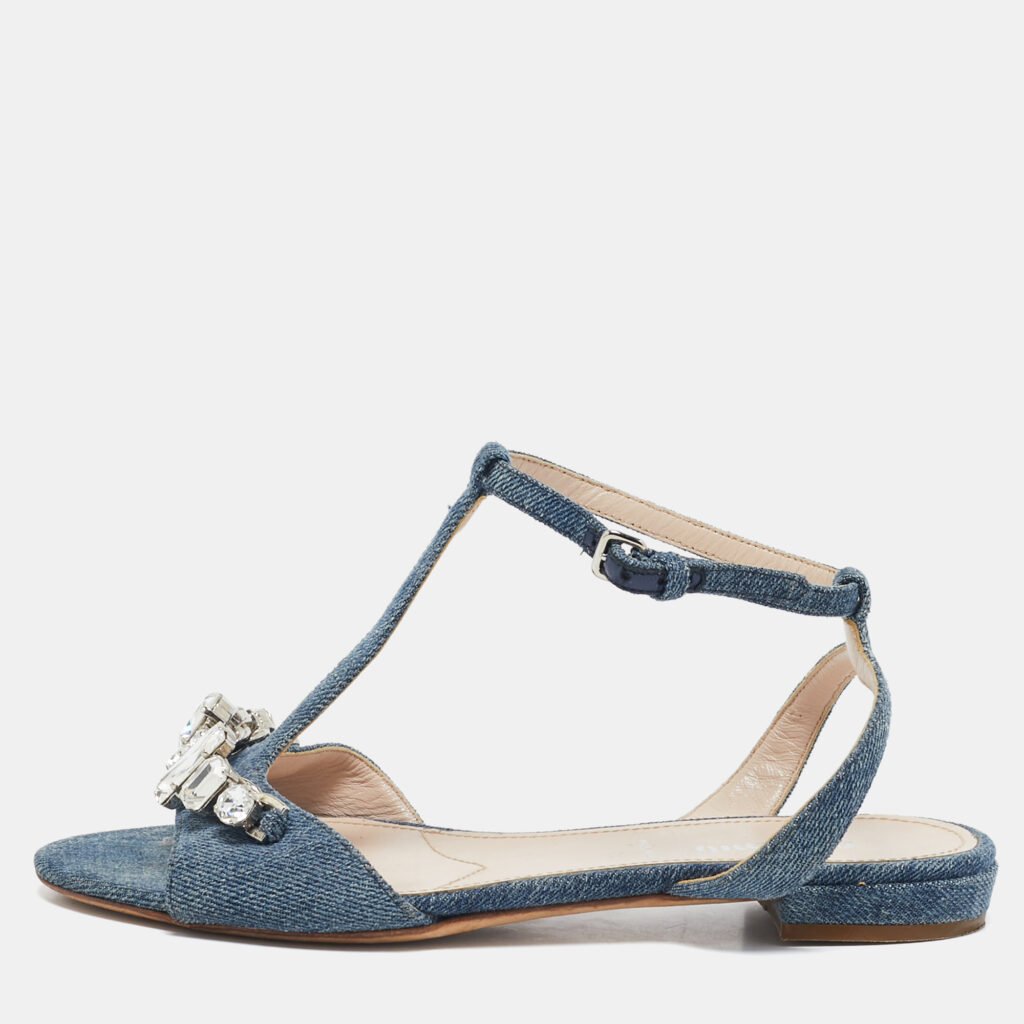 luxury-women-miu-miu-used-shoes-p1136849-001.jpg Miu Miu Blue Denim Crystal Embellished Ankle Strap Flat Sandals Size 35.5